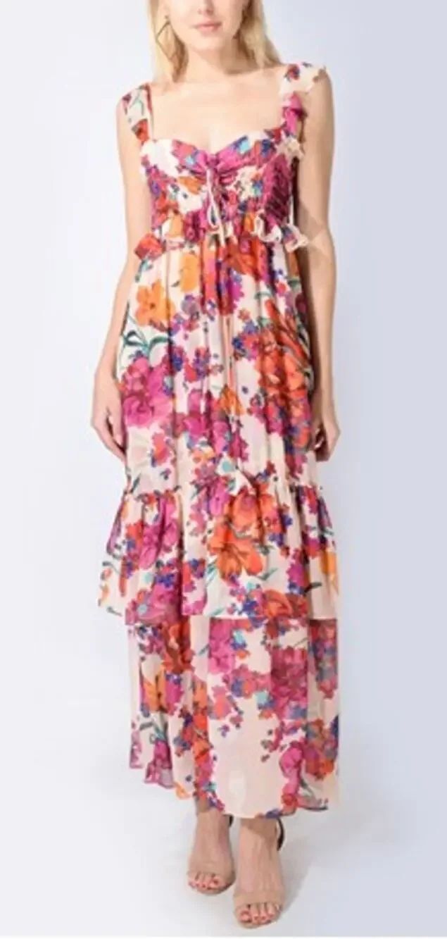 MISAβLos Angeles Floral Chiffon Tiered Ruffle Dress Sz. M - Picture 2 of 7